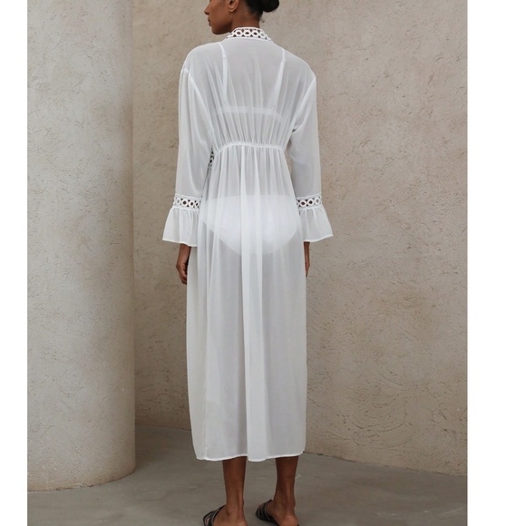 Boho Whie Semi Sheer Front tie Flared Sleeve Kimono Duster Cover up - Picture 3 of 6